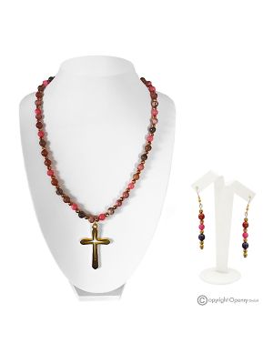 DALILA – Halsketten-Set mit Kreuz und Ohrringen aus Rhodonit, Rhodochrosit und Hämatit, handgefertigt.