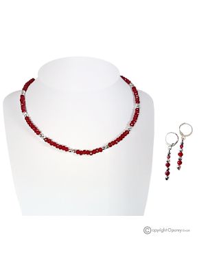 ELEGANZ – Handgefertigtes Set aus Halskette und Ohrringen aus Silber mit rotem Granat und Hämatit.