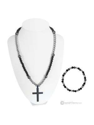 EMOTION – Set aus Halskette und Armband mit Kreuz aus Onyx und Hämatit, echte italienische Handwerkskunst.