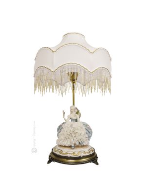 DAME MIT SPIEGEL - LAMPE Tischlampe Abat-jour Tischluechte Porzellan Capodimonte Made in Italy