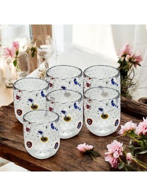 Set aus 6 transparenten Gläsern aus geblasenem Glas, verziert mit originalem Murrine aus Murano, Venedig.