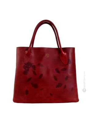 FOGLIE Shopper Schultertasche handgefertigte für Damen aus echtem Leder mit aufgedruckten Blättern