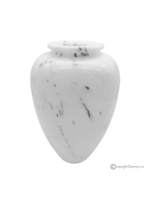 Authentische und handgefertigte, gebogene Vase aus weißem Marmor aus Ibiza, elegantes Design.