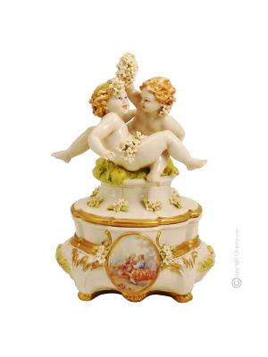 SCHMUCKKÄSTCHEN MIT CHERUBIM Schmuckbehälter Porzellan Capodimonte Handgemacht Made in Italy