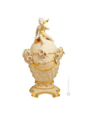 POTICHE MIT CHERUB UND BLUMEN Tafelaufsatz Porzellan Capodimonte Handgemacht Made in Italy