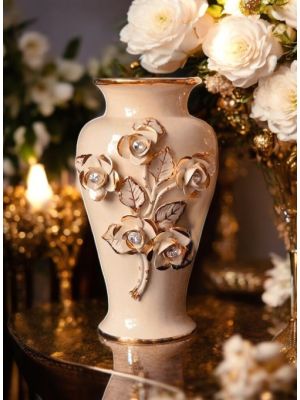 Hochwertige Keramikvase, verziert mit Rosen, Swarovski-Kristallen und goldenen Details, handgefertigt.