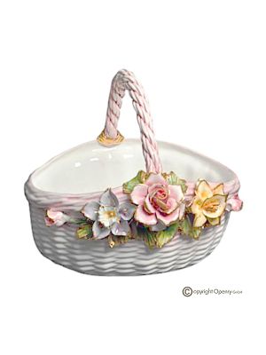 Tafelaufsatz, Korb aus edler Keramik, verziert mit Blumen und goldenen Details, handgefertigt.