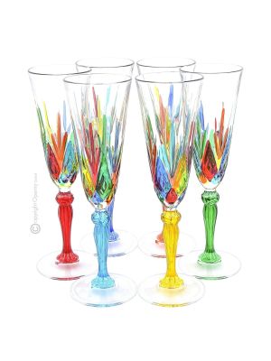 CALICE FLUTE MELODIA Set 6 Flute Gläser Stielgläser handbemalt superior Klangglas Venedig authentisch Made in Italy 