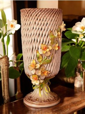 SOLARE Italienische Keramik Vase handgemacht 24k Goldfarbe Blumen Barockstil handbemalt