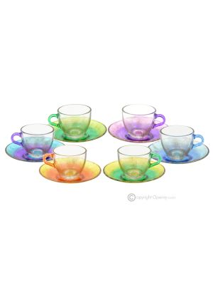 ARCOBALENO Set mit 6 handbemalten Espressotassen und Untertassen aus hochwertigem Glas.