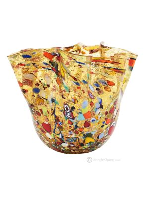 FAZZOLETTO ARLECCHINO Tafelaufsatz Schale authentisches mundgeblasenes Murano-Glas mit Murrine und 925er Blattsilber Made Italy