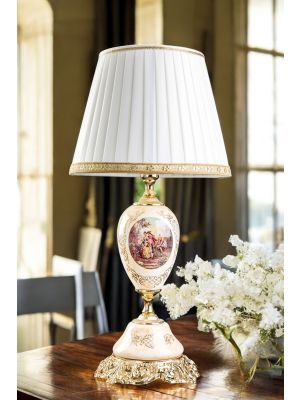 Edle Keramiklampe mit romantischer Szene von Dame und Ritter, mit goldenen Details, handgefertigt.