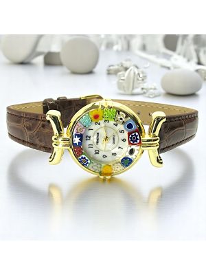 LADY ORO 4 Muranoglas Schmuck Armbanduhr Damen Leder Armband elegant Italienisches Design