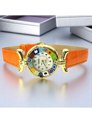 LADY ORO 16 Muranoglas Schmuck Damenarmbanduhr Leder Armband exklusiv elegant stilvoll