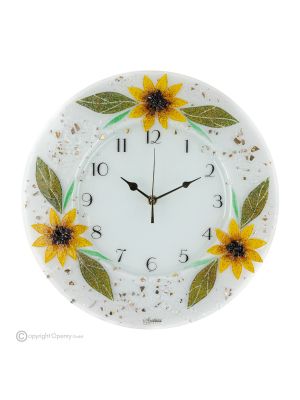 SONNENBLUMEN-Wanduhr, kunstvolles Glas mit Blumenrelief verziert, handgefertigt
