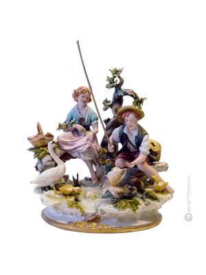 KINDER FISCHEN AM TEICH Italienische Porzellan Figur handbemalt Italienisches Design exklusiv