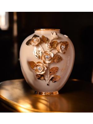Elegante Keramikvase, verziert mit Rosen, Swarovski-Kristallen und goldenen Details.