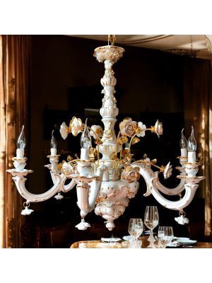 Pendelleuchte, Keramik mit 6 Flammen, mit Rosen, Kristallen und Gold, handgefertigt.