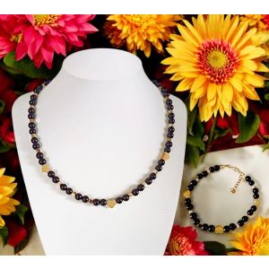 LOVE - Halskette und Armband, schwarzer Onyx, Hämatit-Herzen in Goldstahl, handgefertigt.