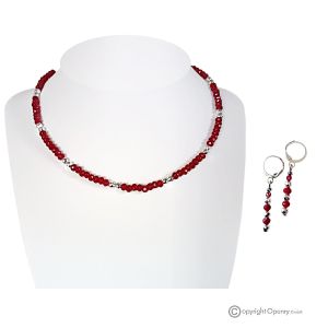 ELEGANZ – Handgefertigtes Set aus Halskette und Ohrringen aus Silber mit rotem Granat und Hämatit.