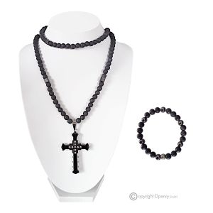 DUNKEL – Handgefertigtes Set aus Halskette und Armband aus natürlichem Lavastein und Hämatit.