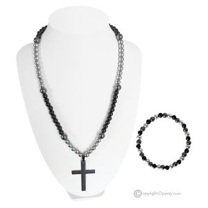 EMOTION – Set aus Halskette und Armband mit Kreuz aus Onyx und Hämatit, echte italienische Handwerkskunst.