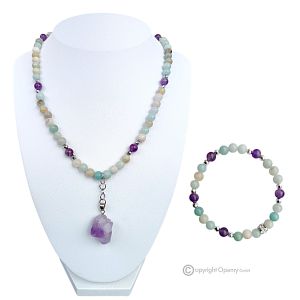 BLUME - Halskette mit Armband, Amazonit, Amethyst und Hämatit, facettiertes Silber, handgefertigt.
