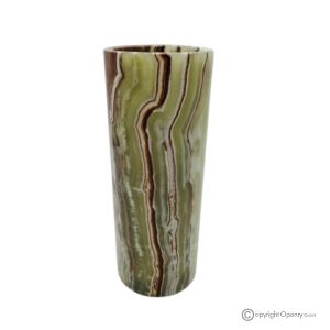 Zylindrische VASE aus grünem Onyxmarmor, echter Stein, handgefertigt, elegantes Design.