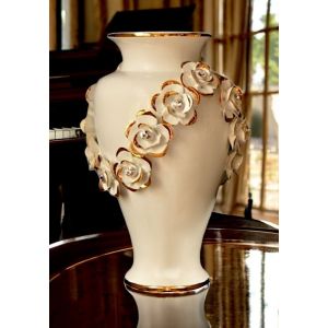 Hochwertige Keramikvase mit Rosen, Swarovski-Kristallen und goldenen Details.