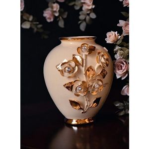 Elegante Keramikvase mit Rosen, Swarovski-Kristallen und goldenen Details, handgefertigt.