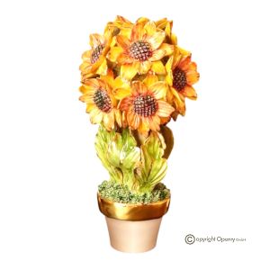 Künstlerische Keramikpflanze, verziert mit Sonnenblumen und goldenen Details, komplett von Hand gefertigt.