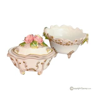 Edle Keramikbox und Tablett, verziert mit Blumen und goldenen Details, handgefertigt.