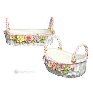 Tafelaufsatz, 2er-Set kunstvoller Keramikkörbe mit Blumen- und Golddekor, handgefertigt.