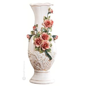 PREGIATO Italienische Keramik Vase handgemacht 24k Goldfarbe Blumen Barockstil handbemalt
