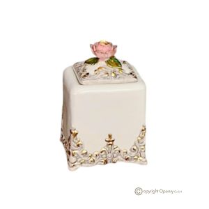 Dose, Dekobehälter aus Keramik im Barockstil, mit Blumen und goldenen Details, handgefertigt.