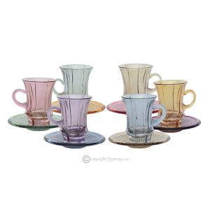 ADA-Set mit 6 authentischen handbemalten modernen Teetassen und Untertassen aus hochwertigem Glas.