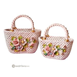 Tafelaufsatz, 2er-Set Beutel aus feiner Keramik, verziert mit Blumen und goldenen Details, handgefertigt.