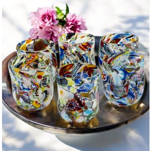 Set aus 6 Fantasiegläsern aus geblasenem Glas, mit originaler Murrine aus Murano, Venedig.