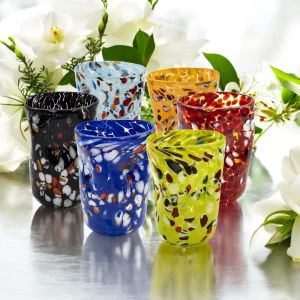 Set aus 6 farbigen Gläsern aus geblasenem Glas mit Murrine, authentisch aus Murano, Venedig.