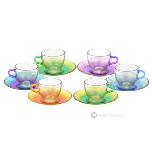 ARCOBALENO Set mit 6 handbemalten Espressotassen und Untertassen aus hochwertigem Glas.