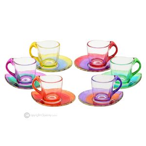 HAPPY Set aus 6 Espressotassen mit handbemalter Untertasse aus Klangglas