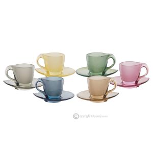 MOM Set mit 6 handbemalten Cappuccino-Tassen und Untertassen aus hochwertigem Glas.