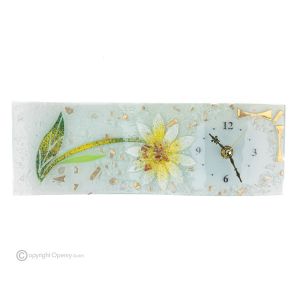 GERBERA Tischuhr aus transparentem Glas mit 24 Karat Blattgold, Design mit Relief, handgefertigt