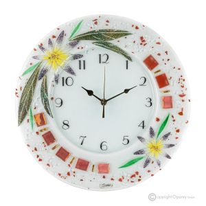 ASTER Wanduhr, kunstvolles Glas mit Blumenrelief verziert, handgefertigt