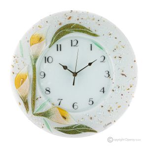 CALLA Wanduhr, kunstvolles Glas mit Blumenrelief verziert, handgefertigt