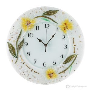 GERBERA Wanduhr, kunstvolles Glas mit Blumenrelief verziert, handgefertigt