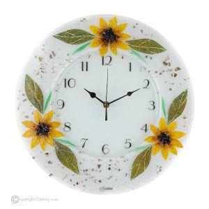 SONNENBLUMEN-Wanduhr, kunstvolles Glas mit Blumenrelief verziert, handgefertigt