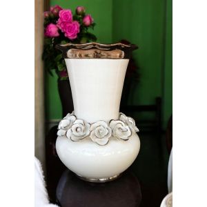 REALE Italienische Keramik Vase handgemacht Platin farbe Swarovski-Kristalle Barockstil