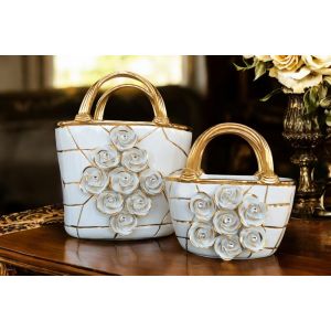 Set aus 2 Keramikhandtaschen mit Rosen, Kristallen und Golddetails, handgefertigt.