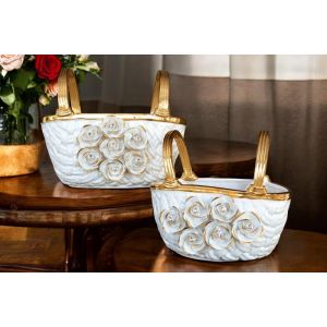 Set aus 2 Keramikkörben mit Rosen, Kristallen und Golddetails, handgefertigt.